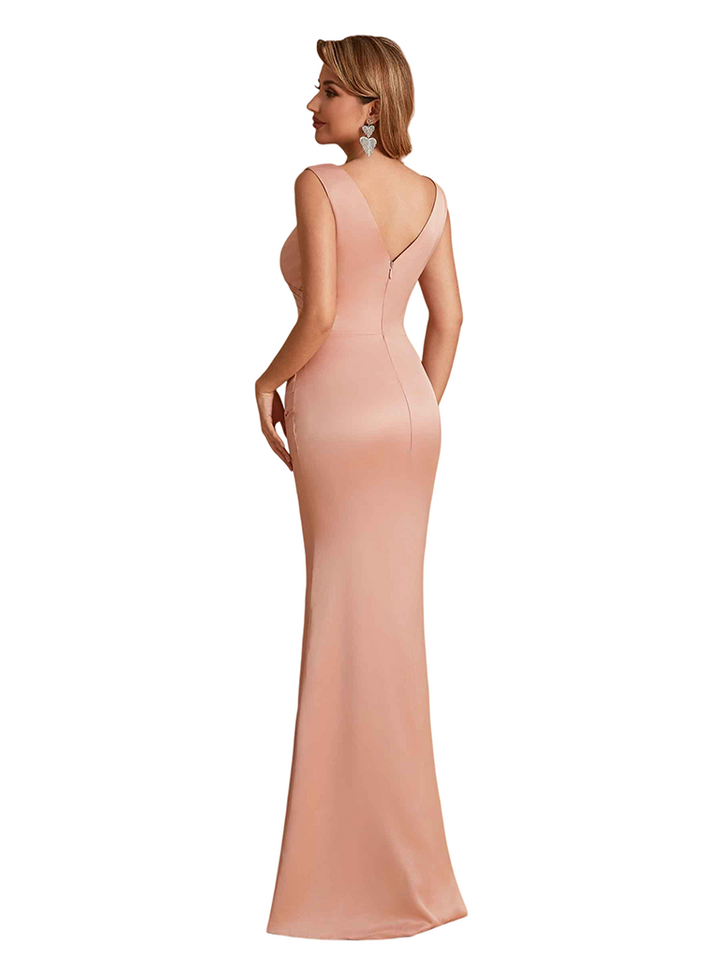 Elegant V-Neck Silky Satin Mermaid Simple Long Bridesmaid Dresses Online