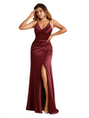 Sexy Spaghetti Straps Mermaid Side Slit Formal Soft Satin Long Bridesmaid Dresses