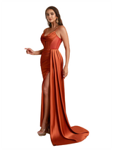 Sexy Siliy Satin Boning Mermaid Side Split Long Bridesmaid Dresses Spaghetti Straps