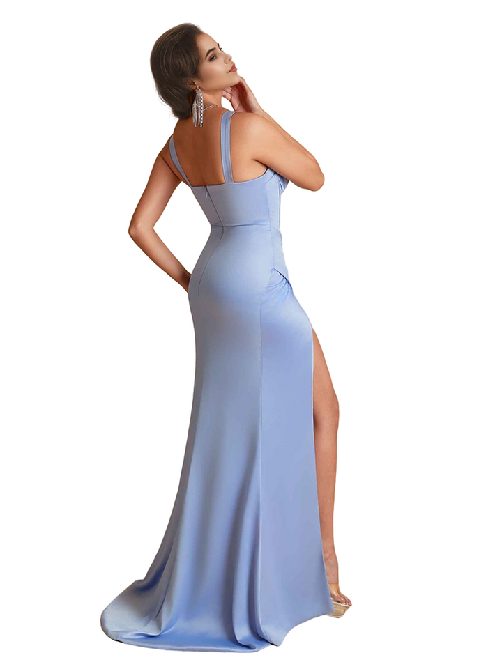 Sexy Spaghetti Straps Mermaid Soft Satin Unique Long Bridesmaid Dresses Side Slit