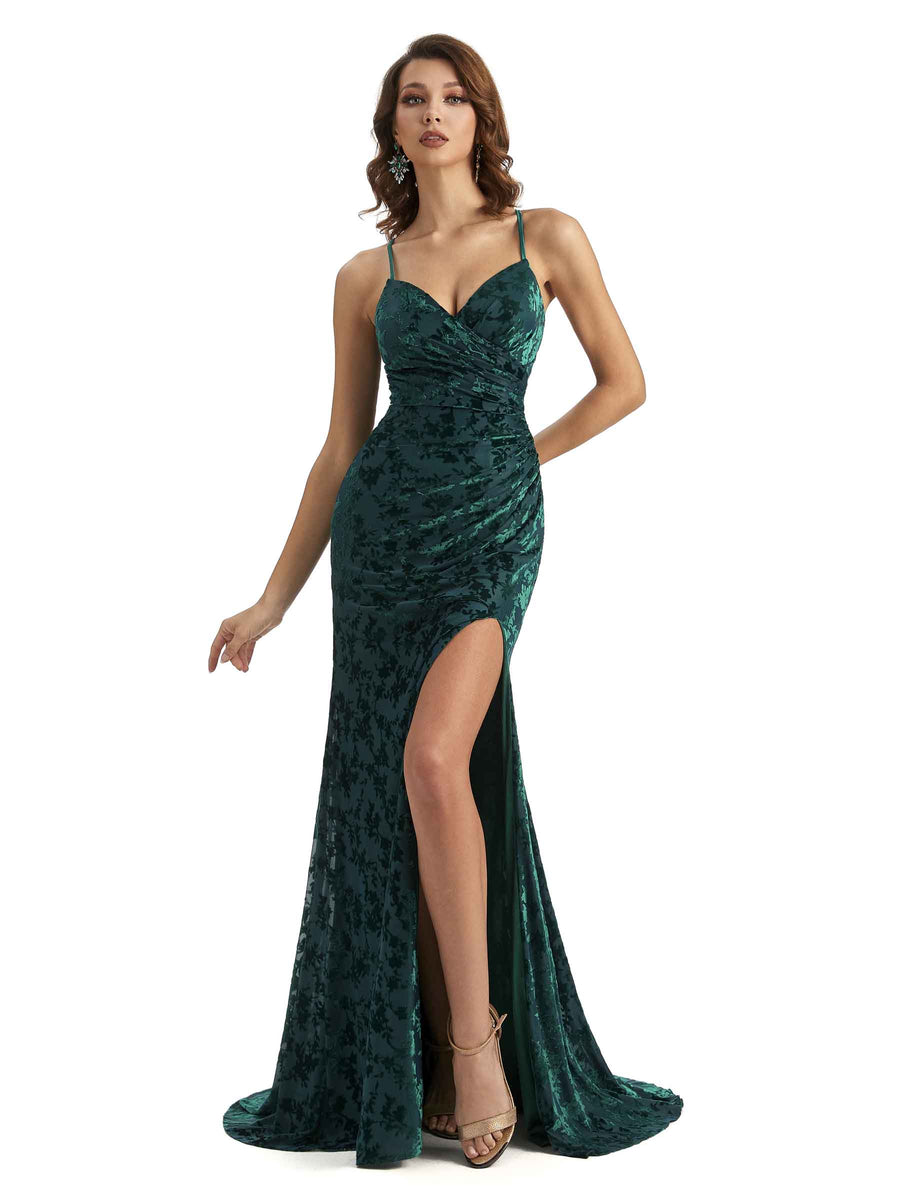 Sexy Side Slit Spaghetti Straps Mermaid Floral Velvet Long Bridesmaid Dresses Online