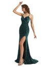 Sexy Side Slit Spaghetti Straps Mermaid Floral Velvet Long Bridesmaid Dresses Online