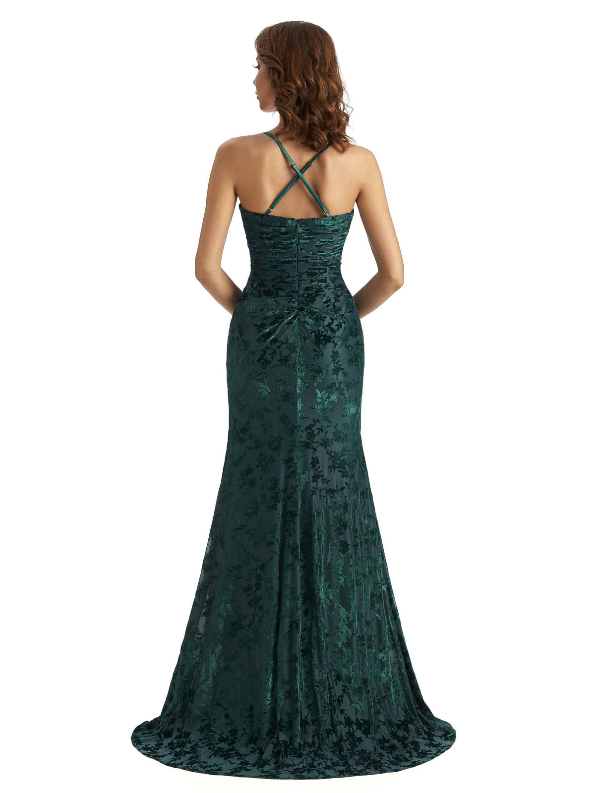 Sexy Side Slit Spaghetti Straps Mermaid Floral Velvet Long Bridesmaid Dresses Online