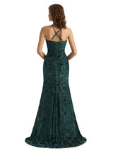 Sexy Side Slit Spaghetti Straps Mermaid Floral Velvet Long Bridesmaid Dresses Online
