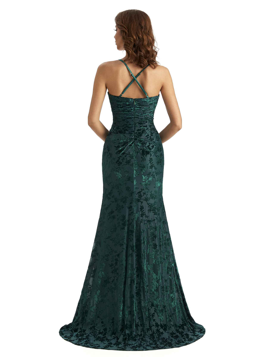 Sexy Side Slit Spaghetti Straps Mermaid Floral Velvet Long Bridesmaid Dresses Online
