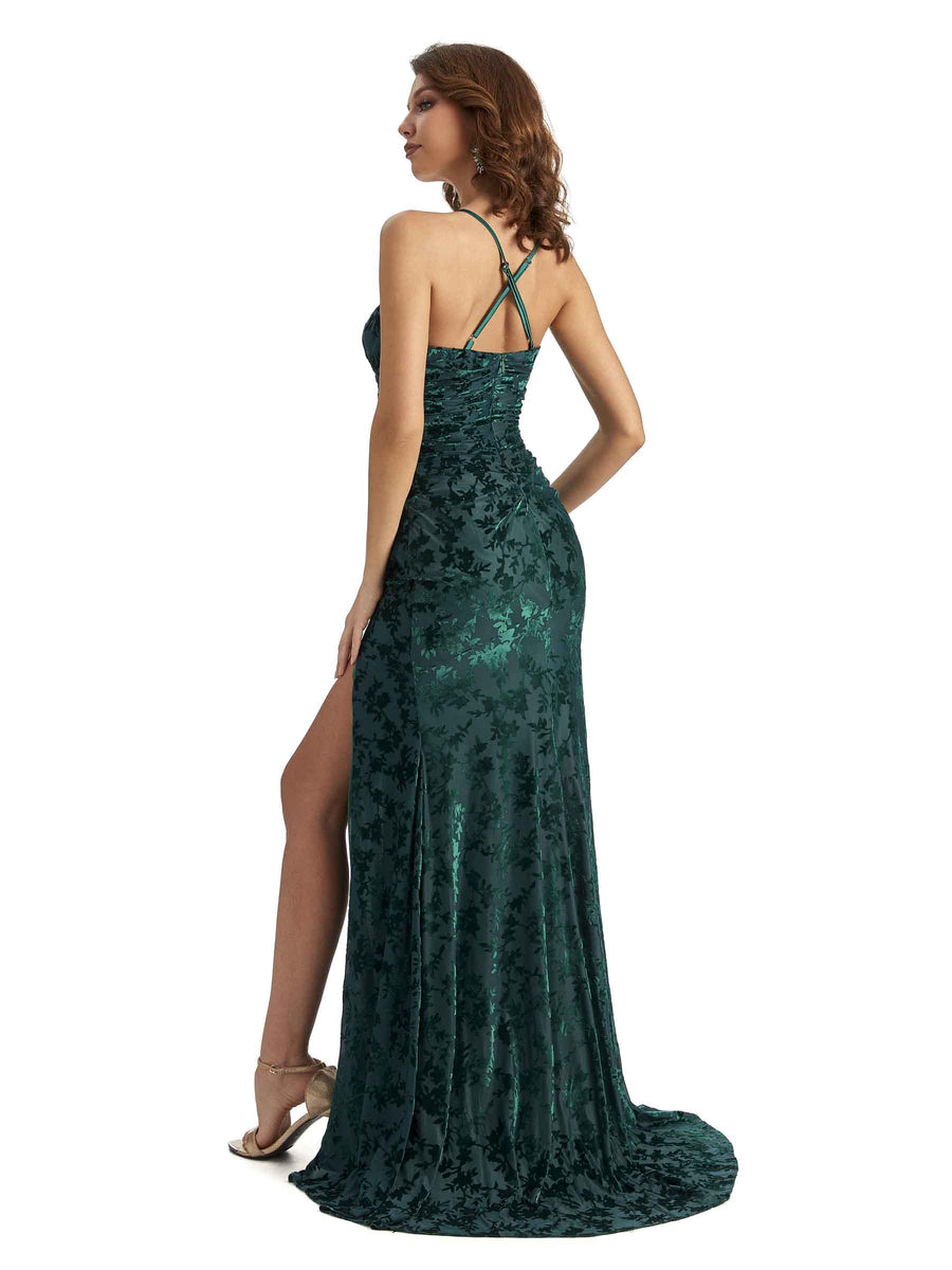 Sexy Side Slit Spaghetti Straps Mermaid Floral Velvet Long Bridesmaid Dresses Online