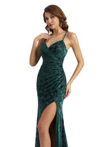 Sexy Side Slit Spaghetti Straps Mermaid Floral Velvet Long Bridesmaid Dresses Online