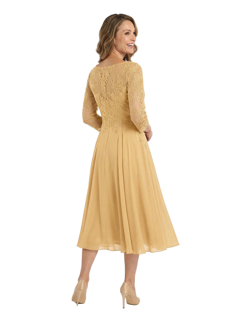 ChicSew Scoop 3/4 Sleeve Lace Applique A-Line Tea Length Chiffon Romantic Mom Of The Groom Dresses
