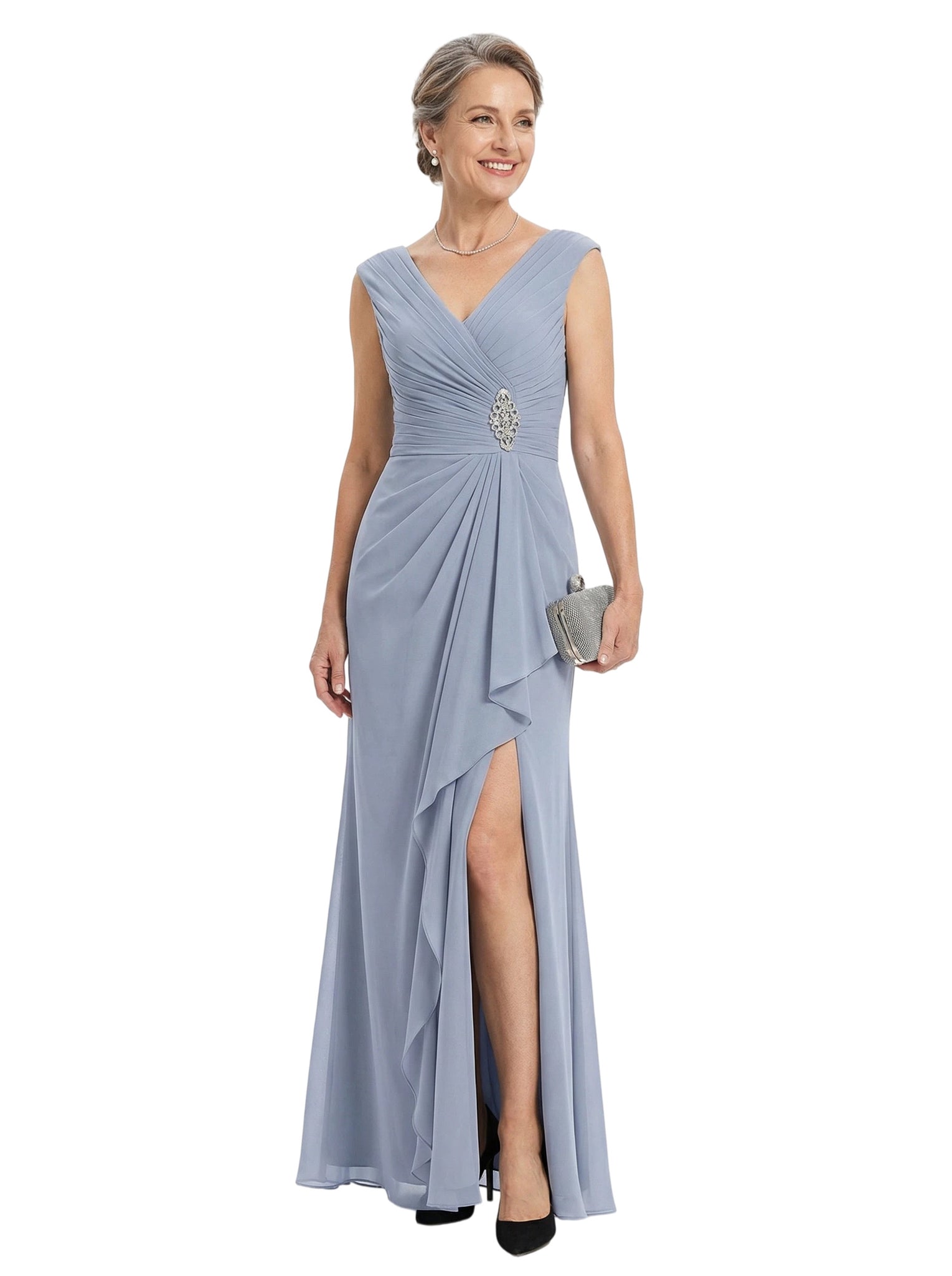 ChicSew V-Neck Sleeveless Rhinestone Detail Ruffle Slit Detail Floor Length Chiffon Fancy Mother of the Bride Dresses