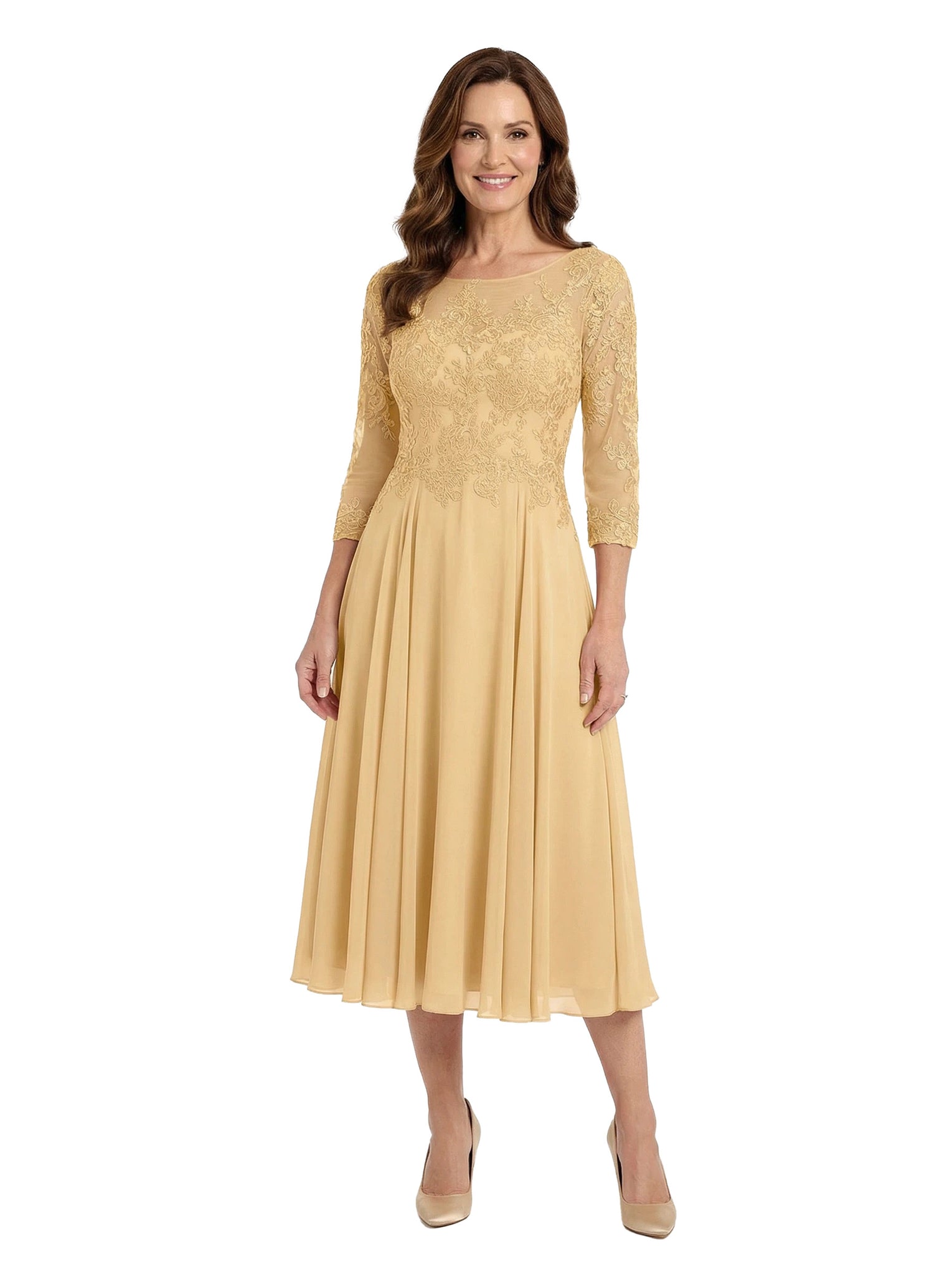 ChicSew Scoop 3/4 Sleeve Lace Applique A-Line Tea Length Chiffon Romantic Mom Of The Groom Dresses