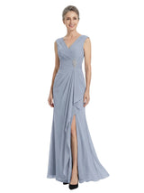 ChicSew V-Neck Ruched Chiffon Beaded Ruffle Skirt Long Chiffon Fancy Mother of the Bride Dresses Slit