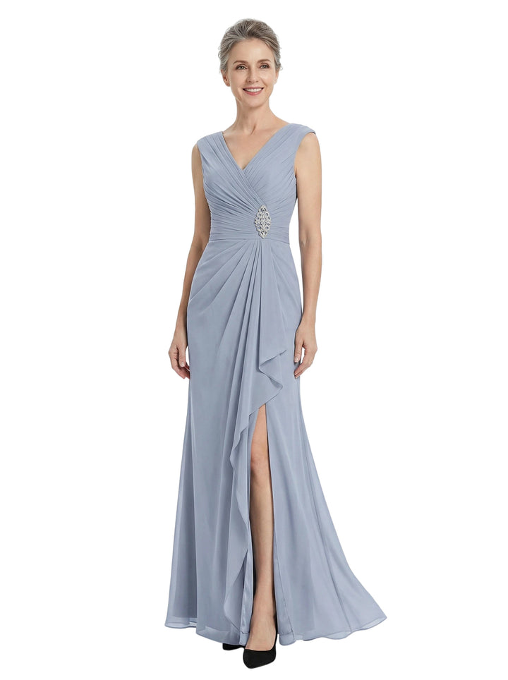 ChicSew V-Neck Ruched Chiffon Beaded Ruffle Skirt Long Chiffon Fancy Mother of the Bride Dresses Slit