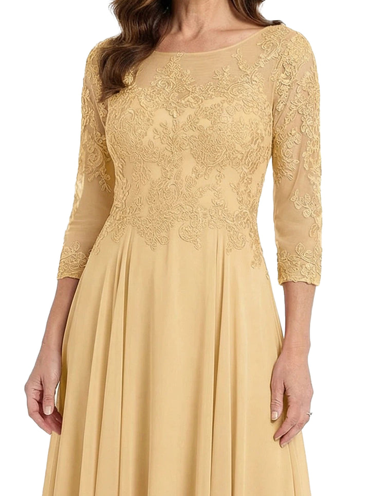 ChicSew Scoop 3/4 Sleeve Lace Applique A-Line Tea Length Chiffon Romantic Mom Of The Groom Dresses