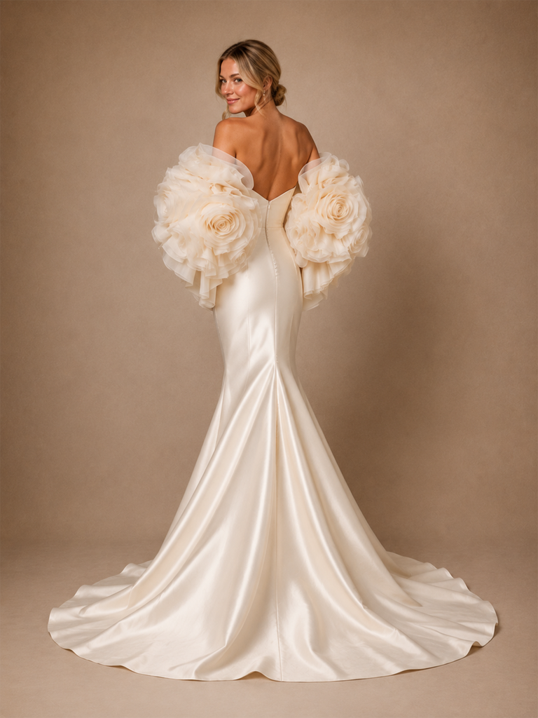 ChicSew Luxury Satin Mermaid Bridal Gown Off Shoulder 3D Rose Organza Puff Sleeves Wedding Dress