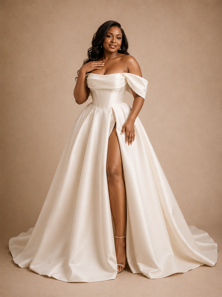 ChicSew Elegant Off The Shoulder Boning Sleeveless Long A-Line Satin Wedding Dress