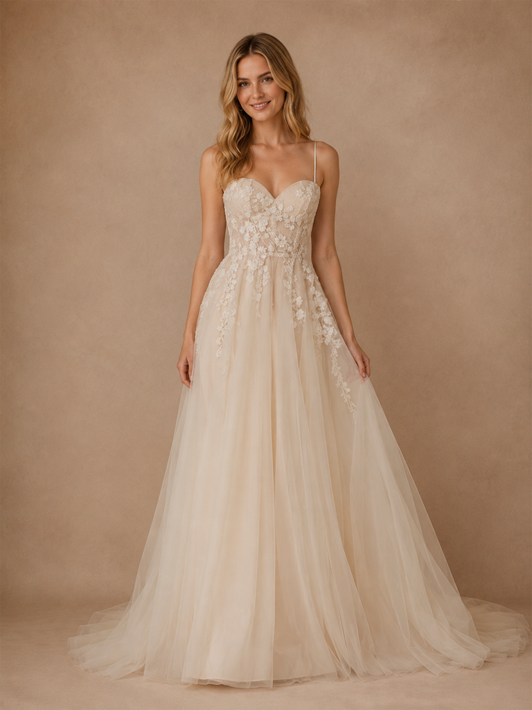 ChicSew Fancy V-Neck Spaghetti Straps Lace Tulle Long A-Line Wedding Dress