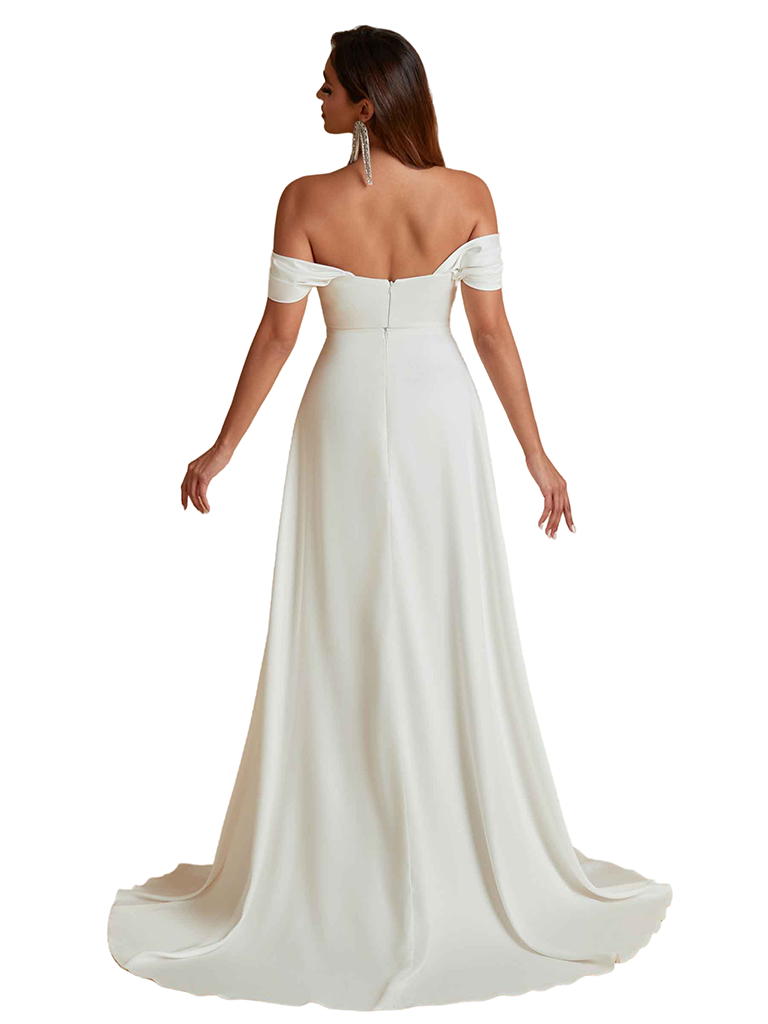 Unique Elegant Off The Shoulder Mermaid Silky Satin Long Bridesmaid Dresses Side Split