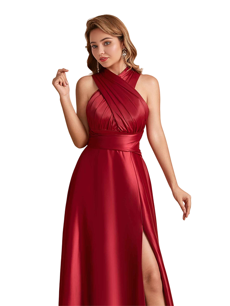 Elegant Soft Satin Convertible A-Line Side Slit Unique Long Bridesmaid Dresses