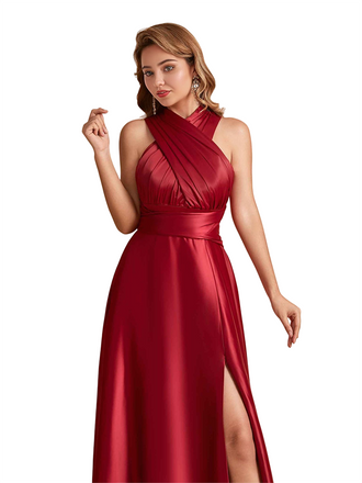 Elegant Soft Satin Convertible A-Line Side Slit Unique Long Bridesmaid Dresses