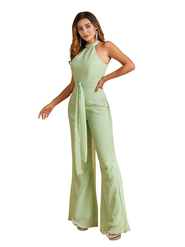 Elegant High Neck Chiffon Long Women's Pantsuit Jumpsuit For Bridesmaids