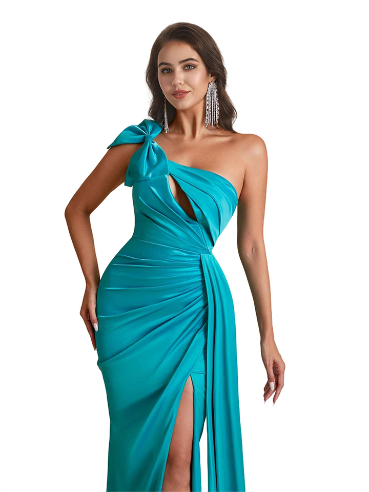 Sexy One Shoulder Bow Knot Side Split Mermaid Silky Satin Long Bridesmaid Dresses