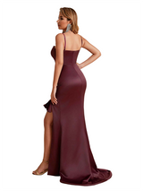Unique Silky Satin Spaghetti Straps Mermaid Side Slit Ruched Long Bridesmaid Dresses
