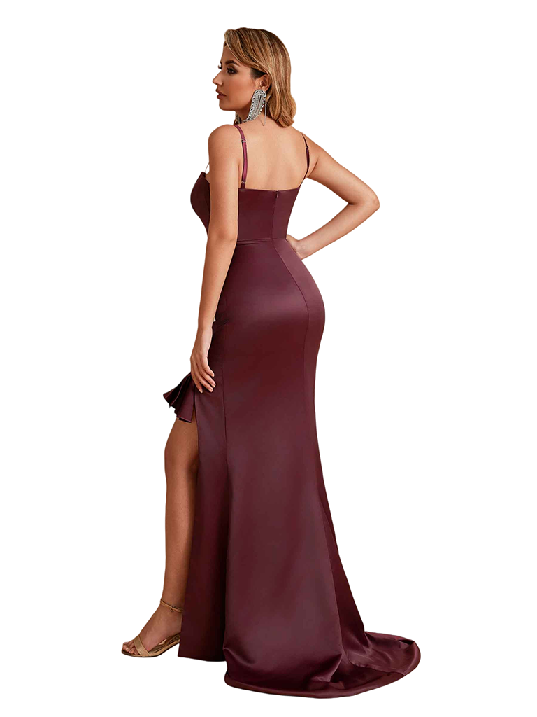 Unique Silky Satin Spaghetti Straps Mermaid Side Slit Ruched Long Bridesmaid Dresses