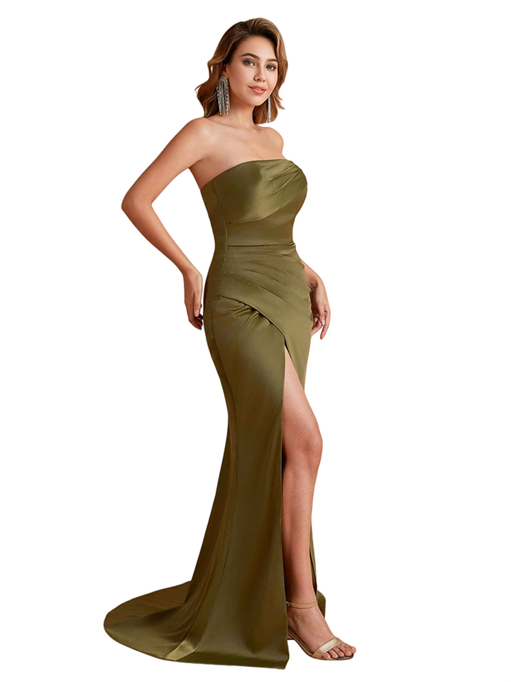 Sexy Silky Satin One Shoulder Mermaid Side Slit Ruched Long Bridesmaid Dresses