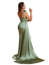 Elegant Mermaid Unique Satin Side Slit Long Bridesmaid Dresses Spaghetti Strap