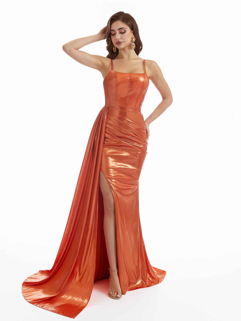 Elegant Mermaid Spaghetti Straps Metallic Stretch Shiny Fabric Long Bridesmaid Dresses Online