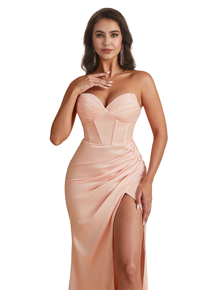 Elegant Silky Satin Sweetheart Strapless Mermaid Floor Length Bridesmaid Dresses Side Split