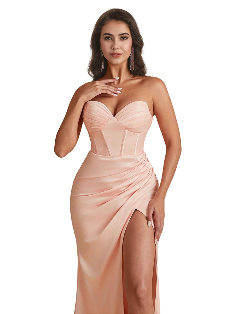 Elegant Silky Satin Sweetheart Strapless Mermaid Floor Length Bridesmaid Dresses Side Split