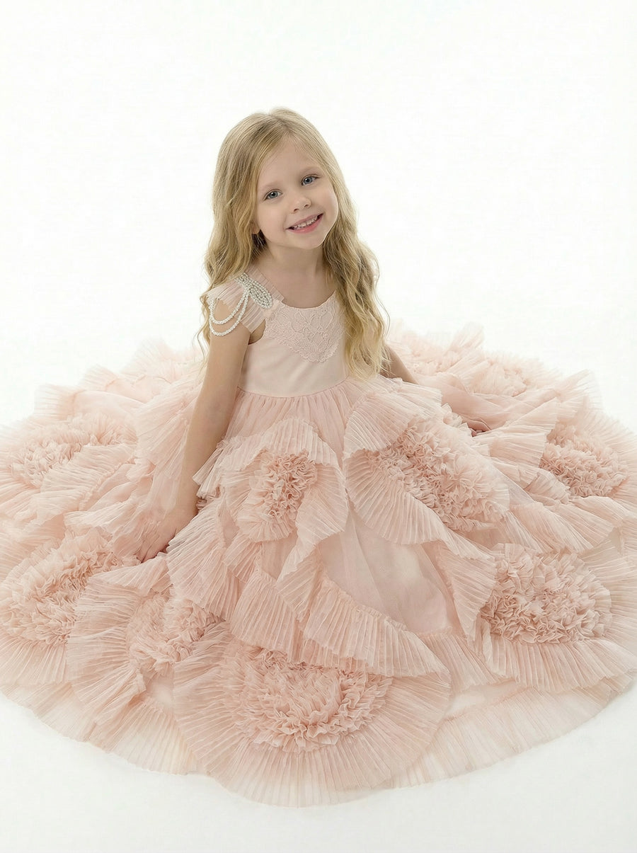 Beautiful Beaded Cap Sleeves Round Neck Lace Ruffle Tulle A-Line Flower Dress For Kids