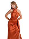 Sexy Halter Mermaid Side Slit Silky Satin Unique Long Bridesmaid Dresses