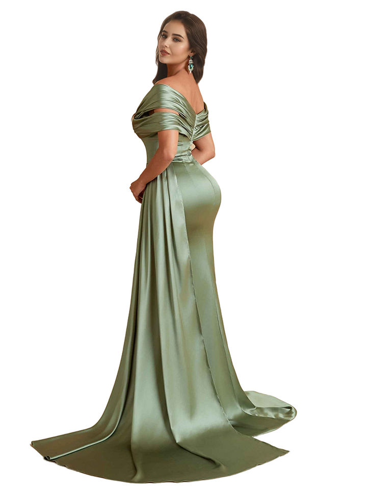 Elegant Off The Shoulder Mermaid Unique Satin Side Split Pleated Long Bridesmaid Dresses