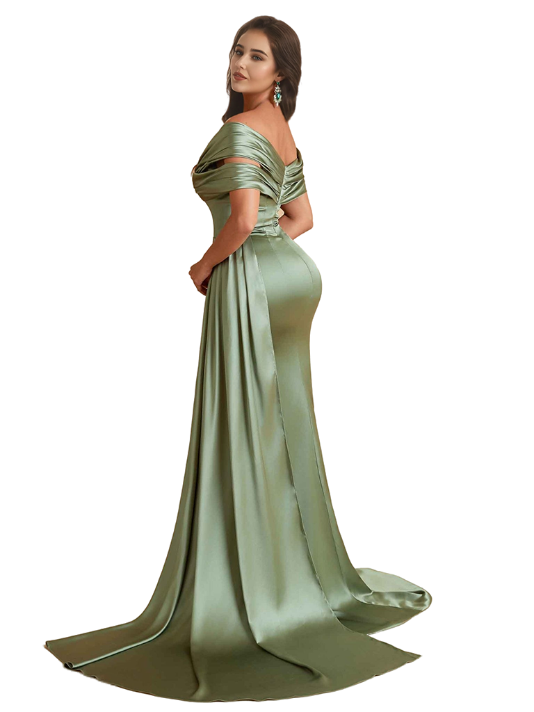 Elegant Off The Shoulder Mermaid Unique Satin Side Split Pleated Long Bridesmaid Dresses