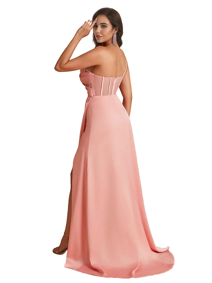 Sexy One Shoulder Boning Side Split Mermaid Ruched Satin Pretty Long Bridesmaid Dresses
