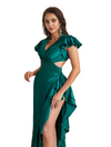 Sexy Cap Sleeves Ruffle Silky Satin Mermaid Side Slit Maxi Bridesmaid Dresses Online