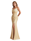 Elegant Silky Satin V-Neck Spaghetti Straps Mermaid Side Slit Long Bridesmaid Dresses Online