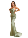 Sexy Cowl Neck Spaghetti Straps Mermaid Soft Satin Open Back Long Bridesmaid Dresses