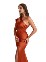 Sexy Silky Satin One Shoulder Mermaid Side Slit Long Bridesmaid Dresses Online