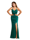 Sexy Spaghetti Straps Side Slit Mermaid Soft Satin Ruched Floor-Length Bridesmaid Dresses