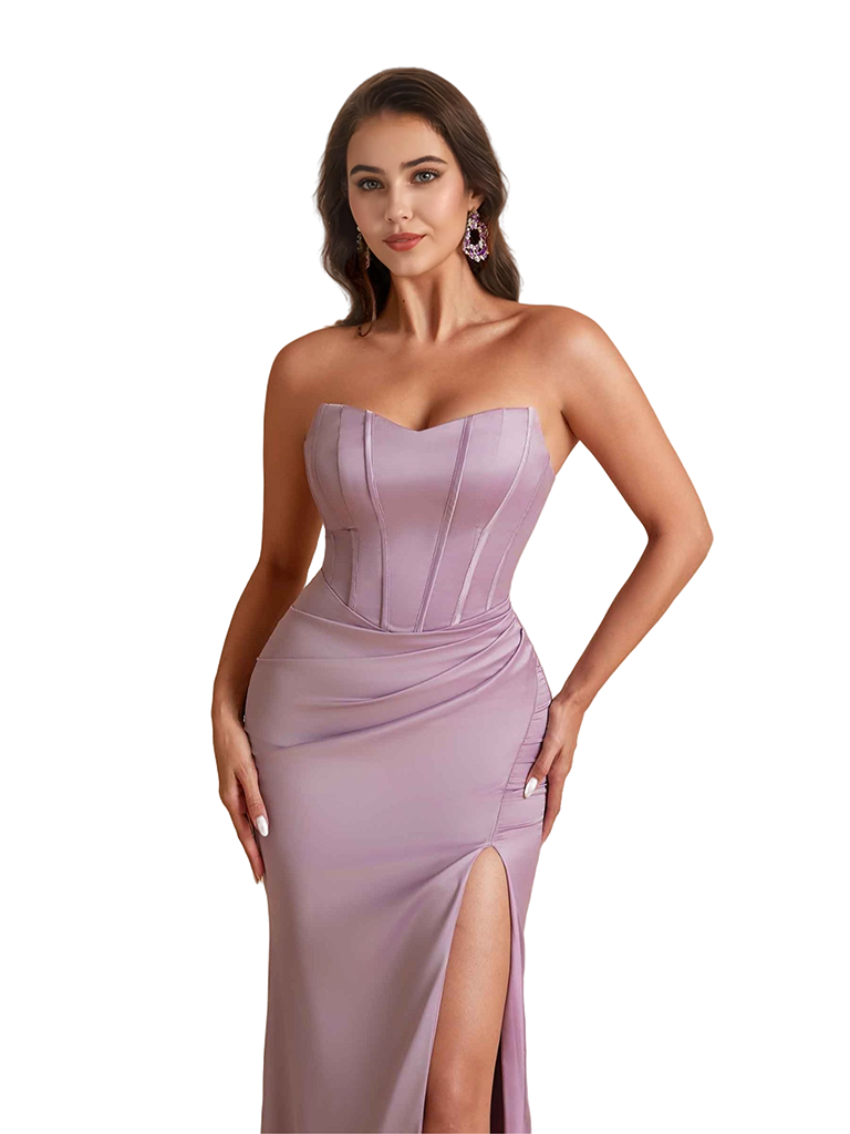 Sexy Sweetheart Mermaid Silky Satin Unique Long Bridesmaid Dresses Side Slit