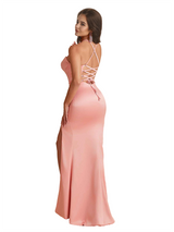 Elegant Spaghetti Strap Boning Mermaid Silky Satin Unique Long Bridesmaid Dresses Side Slit