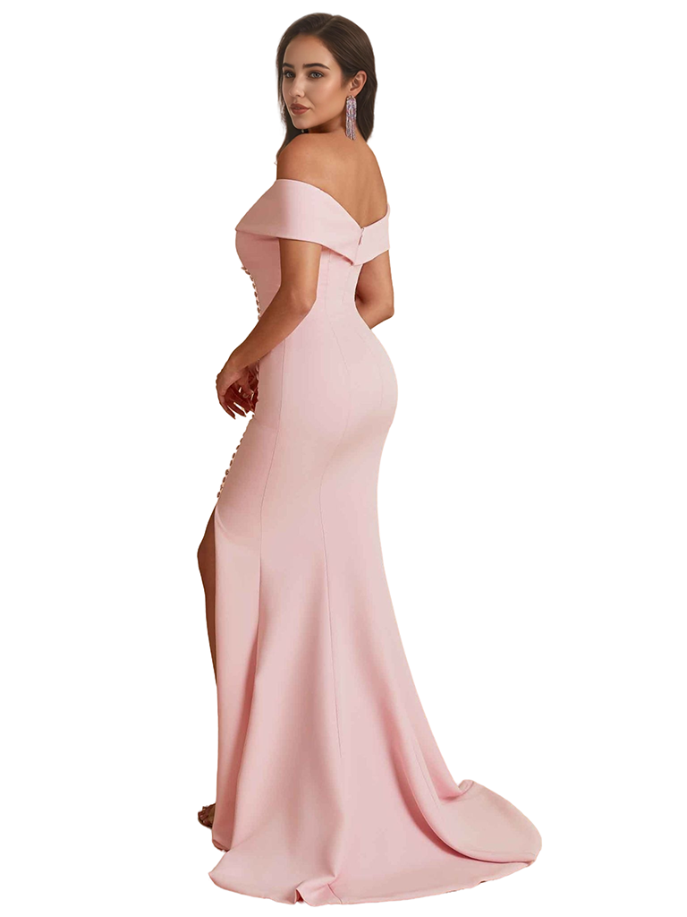 Elegant Off The Shoulder Side Split Mermaid Satin Unique Long Bridesmaid Dresses Online