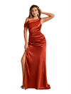 Unique Asymmetric Straps Mermaid Side Slit Soft Satin Ruched Long Bridesmaid Dresses Online