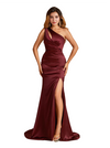Elegant One Shoulder Sleeveless Soft Satin Side Slit Mermaid Bridesmaid Dresses