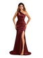 Elegant One Shoulder Sleeveless Soft Satin Side Slit Mermaid Bridesmaid Dresses