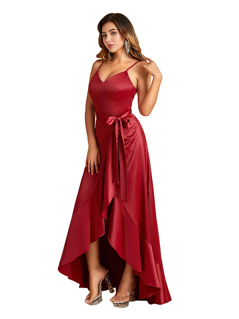 Sexy V-Neck Spaghetti Straps A-Line High Low Soft Satin Long Bridesmaid Dresses