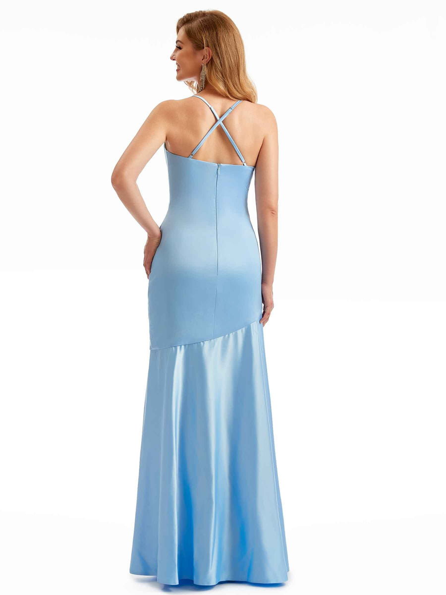 Back Criss-Cross Satin Bridesmaid Boho Maxi Asymmetrical Slit